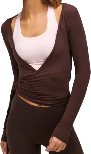 Women's Yoga Shirts Wrap Ruched Tie Front Long Sleeve Workout T Shirts Sexy Deep V Neck Slim Fit Casual Cropped Top