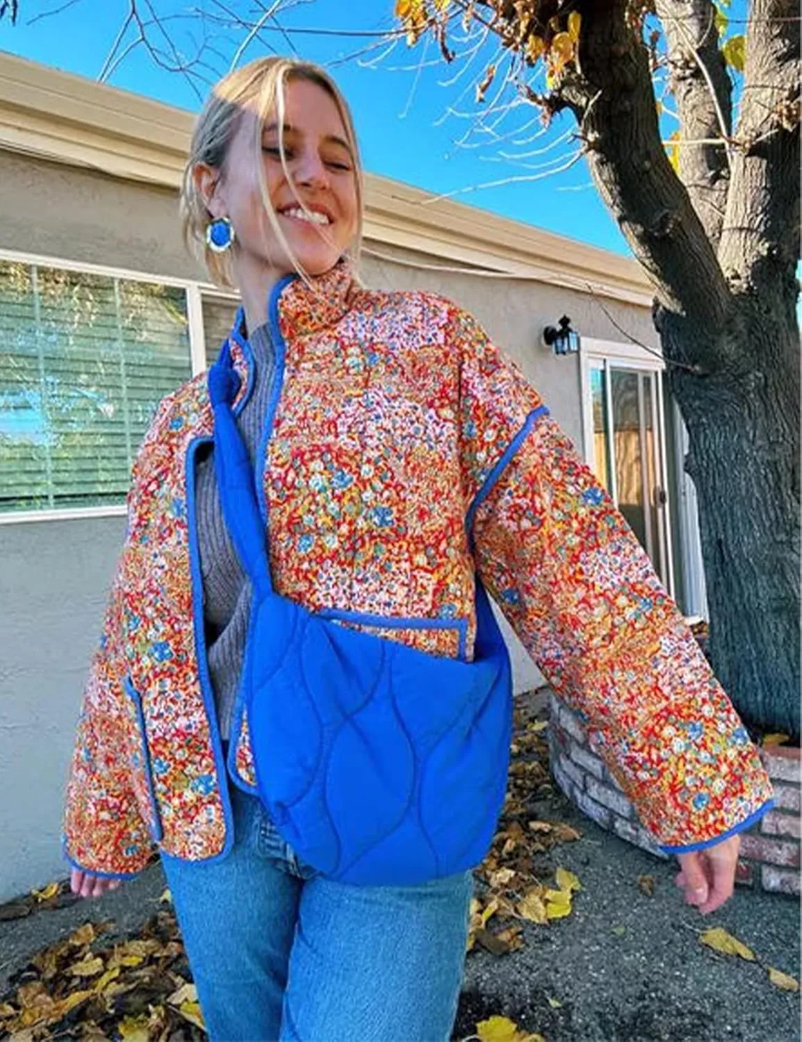 Yimoon Women's Cropped Puffer Quilted Jacket Vintage Floral Print Open Front Lightweight Short Jacket Outwear