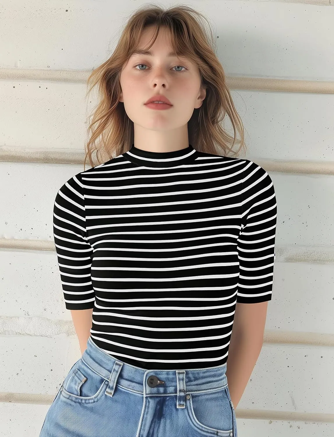 Zengjo Short Sleeve Turtleneck Women Striped T Shirt,Ribbed Mock Neck Top