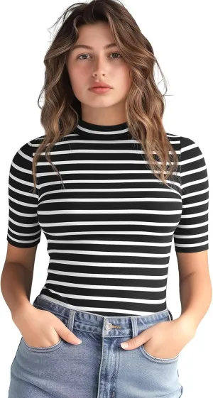 Zengjo Short Sleeve Turtleneck Women Striped T Shirt,Ribbed Mock Neck Top