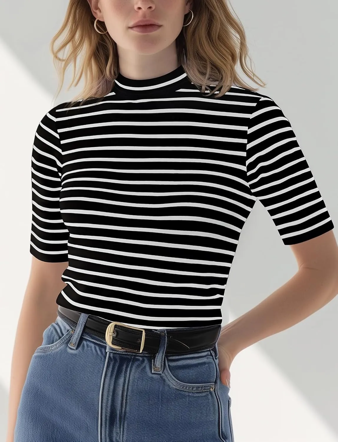 Zengjo Short Sleeve Turtleneck Women Striped T Shirt,Ribbed Mock Neck Top